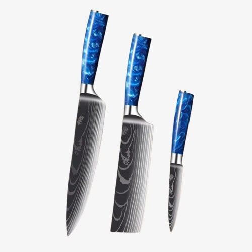 Set de Trois Couteaux  Japonais Gyuto, Nakiri, Petty en Acier Damas - Chef Takumi - Ice Blue