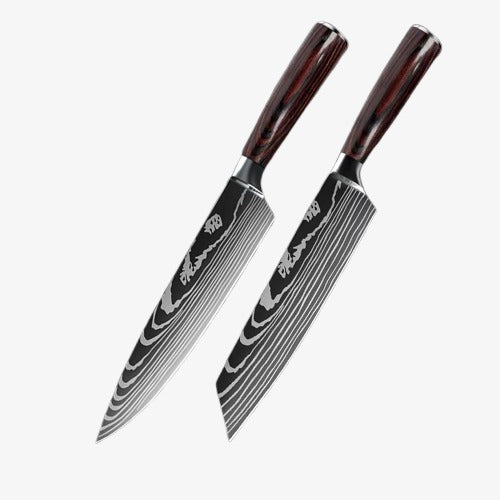 Set de deux Couteaux  Japonais Gyuto, Kiritsuke en Acier Damas - Chef Takumi - Natural Teak