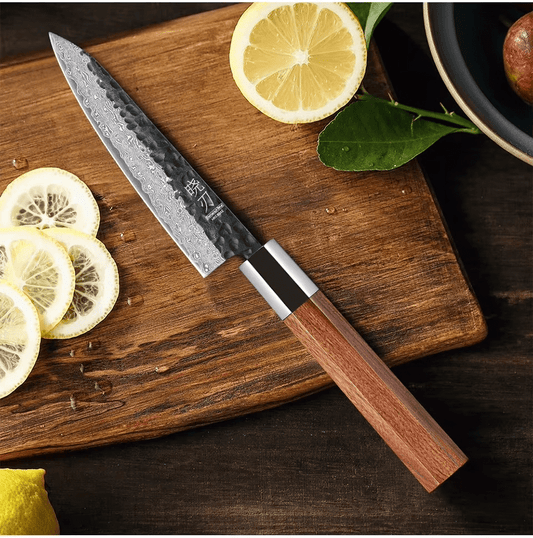 Couteau  Japonais Petty en Acier Damas - Manche en bois de rose  et acier inoxydable