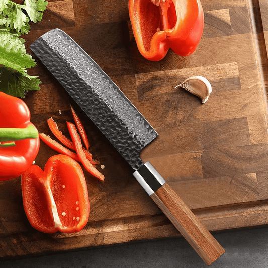 Couteau japonais Nakiri forgé à la main en acier Damas - Manche en bois de rose et acier inoxydable