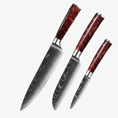 Set de Trois Couteaux  Japonais Gyuto, Santoku, Petty en Acier Damas - Chef Takumi - Ruby Wood