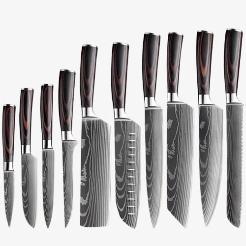 Set de Dix Couteaux  Japonais  en Acier Damas - Chef Takumi - Natural Teak