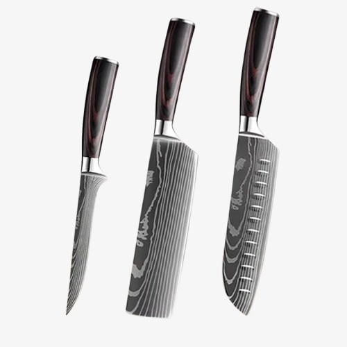 Set de Trois Couteaux  Japonais Nakiri, Santoku, à Désosser en Acier Damas - Chef Takumi - Natural Teak
