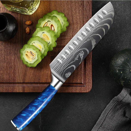 Couteau japonais Santoku en acier damas - Manche en bois stabilisé