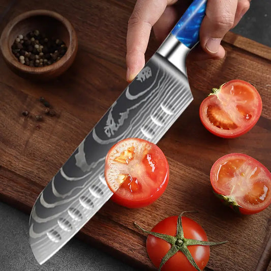 Couteau japonais Santoku en acier damas - Manche en bois stabilisé