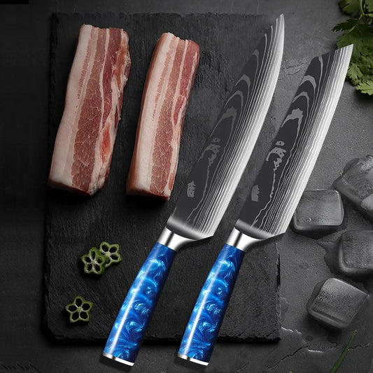 Set de deux couteaux japonais en acier damas kiritsuke et Gyuto - Manche en bois stabilisé