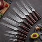 Set de dix couteaux japonais en acier damas - Manche en bois stabilisé